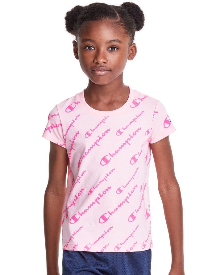 Champion Girls T-Shirt NZ - Classic All Over Logo Pink ( 4697-VJZXK )